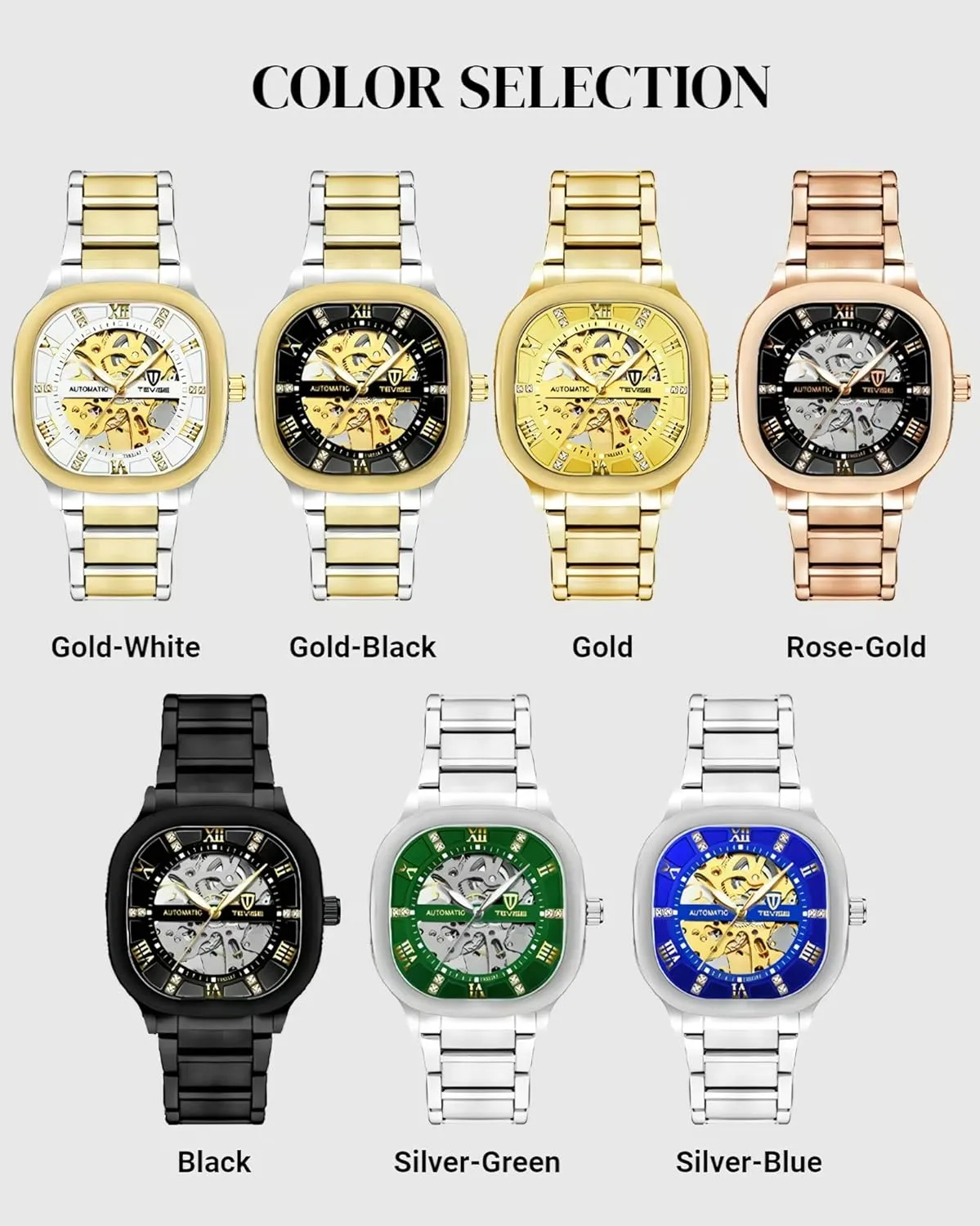 transpose school charisma carbohydrate clinical split Luminous Fashion Business Wristwatch Automatic Mechanical Watches for Men Stainless Steel Waterproof Skeleton Watch Square Dial 