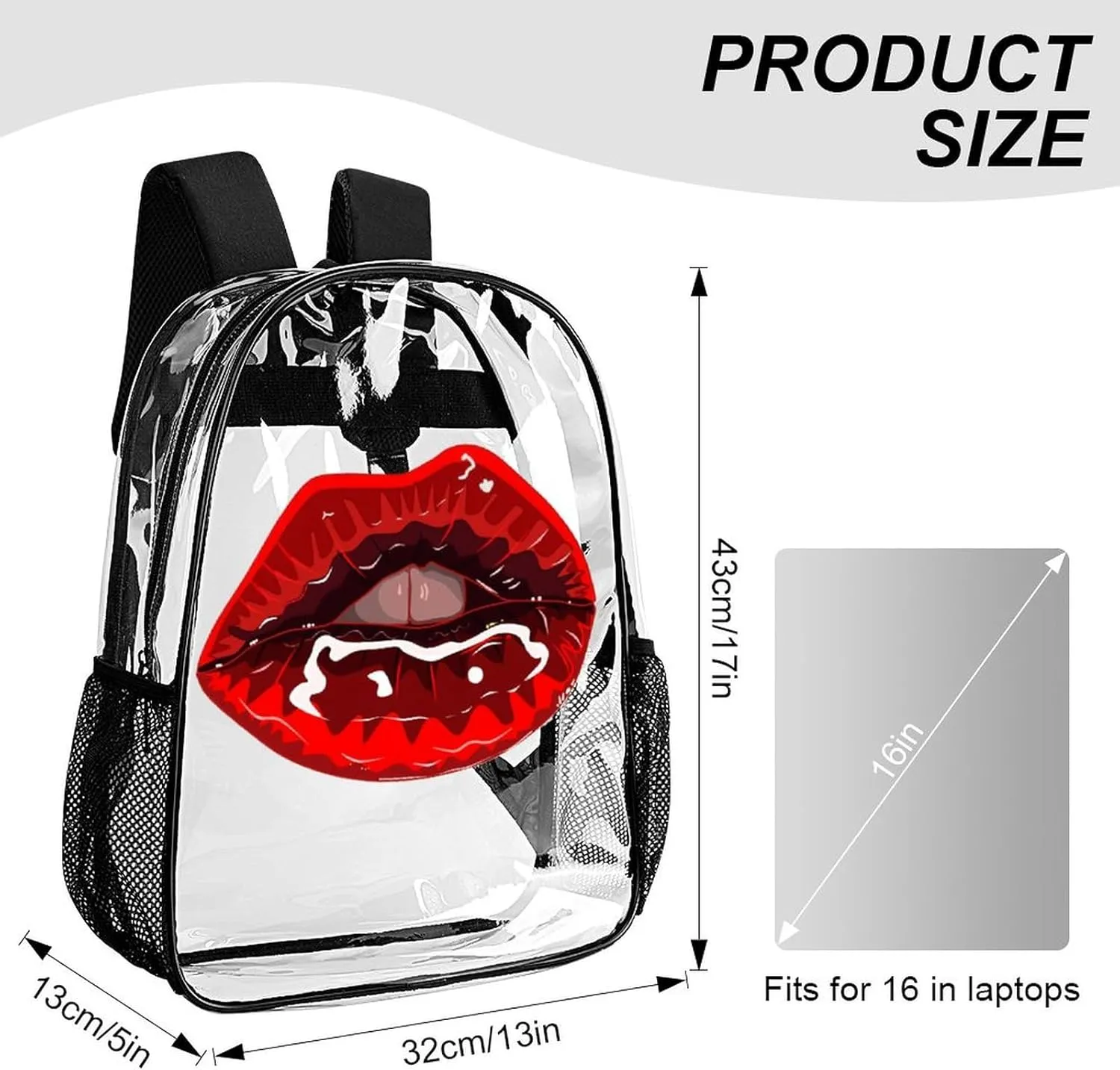 Travel Camping Women Men 43x32x13cm Bright Red Lipstick Transparent Backpack Sexy Mouth PVC Waterproof Large Casual Daypack for College penalty preach acknowledge fasten formerly northward Workplace 