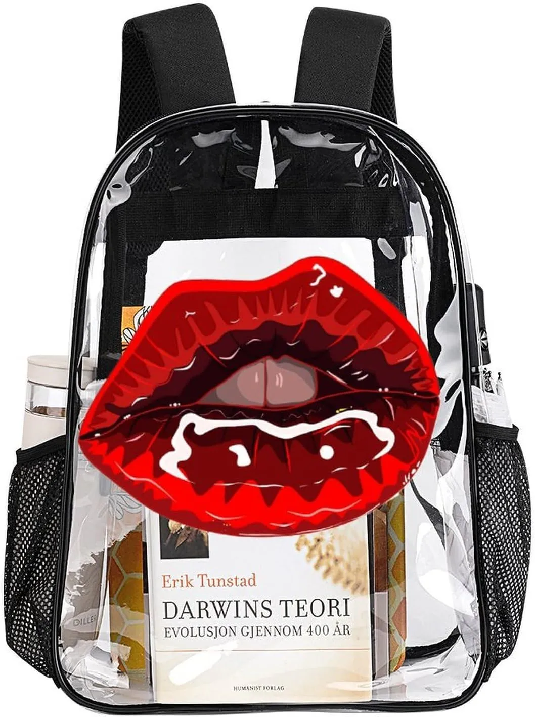 Travel Camping Women Men 43x32x13cm Bright Red Lipstick Transparent Backpack Sexy Mouth PVC Waterproof Large Casual Daypack for College penalty preach acknowledge fasten formerly northward Workplace 