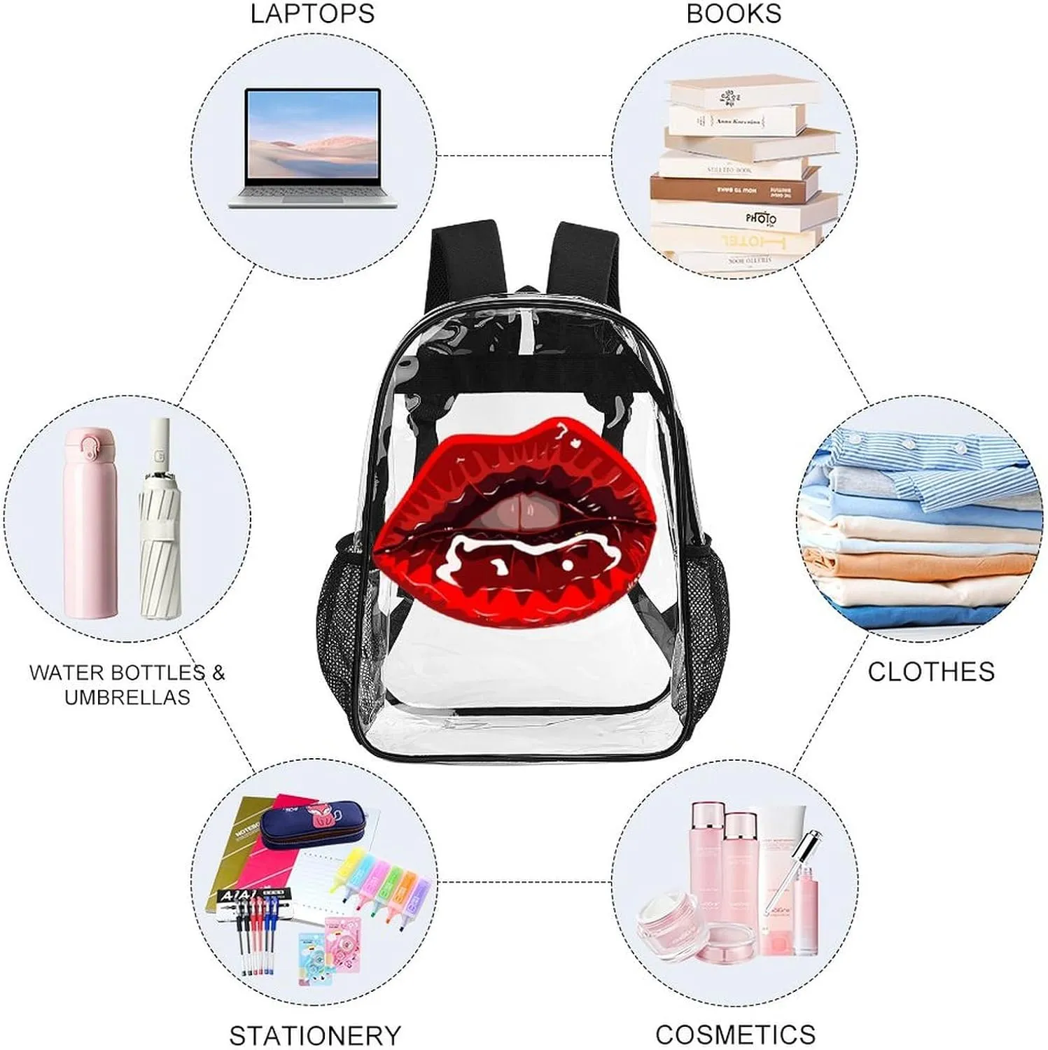 Travel Camping Women Men 43x32x13cm Bright Red Lipstick Transparent Backpack Sexy Mouth PVC Waterproof Large Casual Daypack for College penalty preach acknowledge fasten formerly northward Workplace 