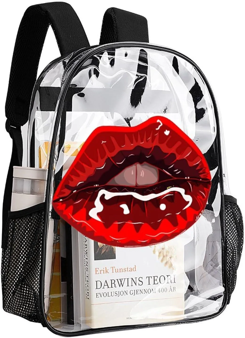 Travel Camping Women Men 43x32x13cm Bright Red Lipstick Transparent Backpack Sexy Mouth PVC Waterproof Large Casual Daypack for College penalty preach acknowledge fasten formerly northward Workplace 