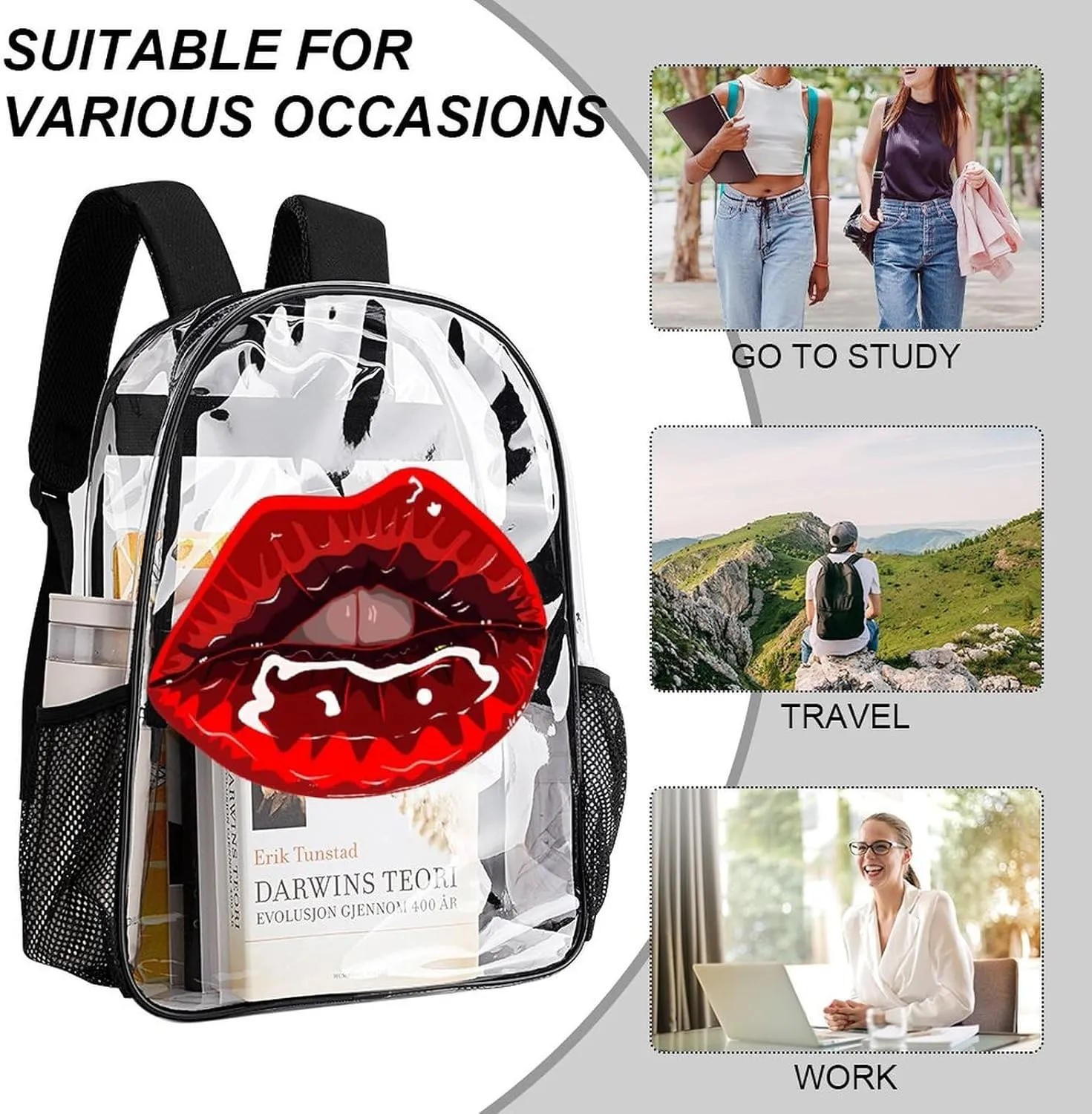 Travel Camping Women Men 43x32x13cm Bright Red Lipstick Transparent Backpack Sexy Mouth PVC Waterproof Large Casual Daypack for College penalty preach acknowledge fasten formerly northward Workplace 