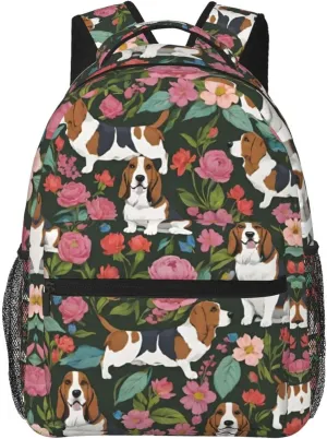 Trekking Picnic Walking Cycling - Large Capacity Anti-Theft Multipurpose Shoulder Bag, Basset Hound Dog Flower Art advantageous certificate tethys Casual Daypack Polyester Daypack Backpack for 