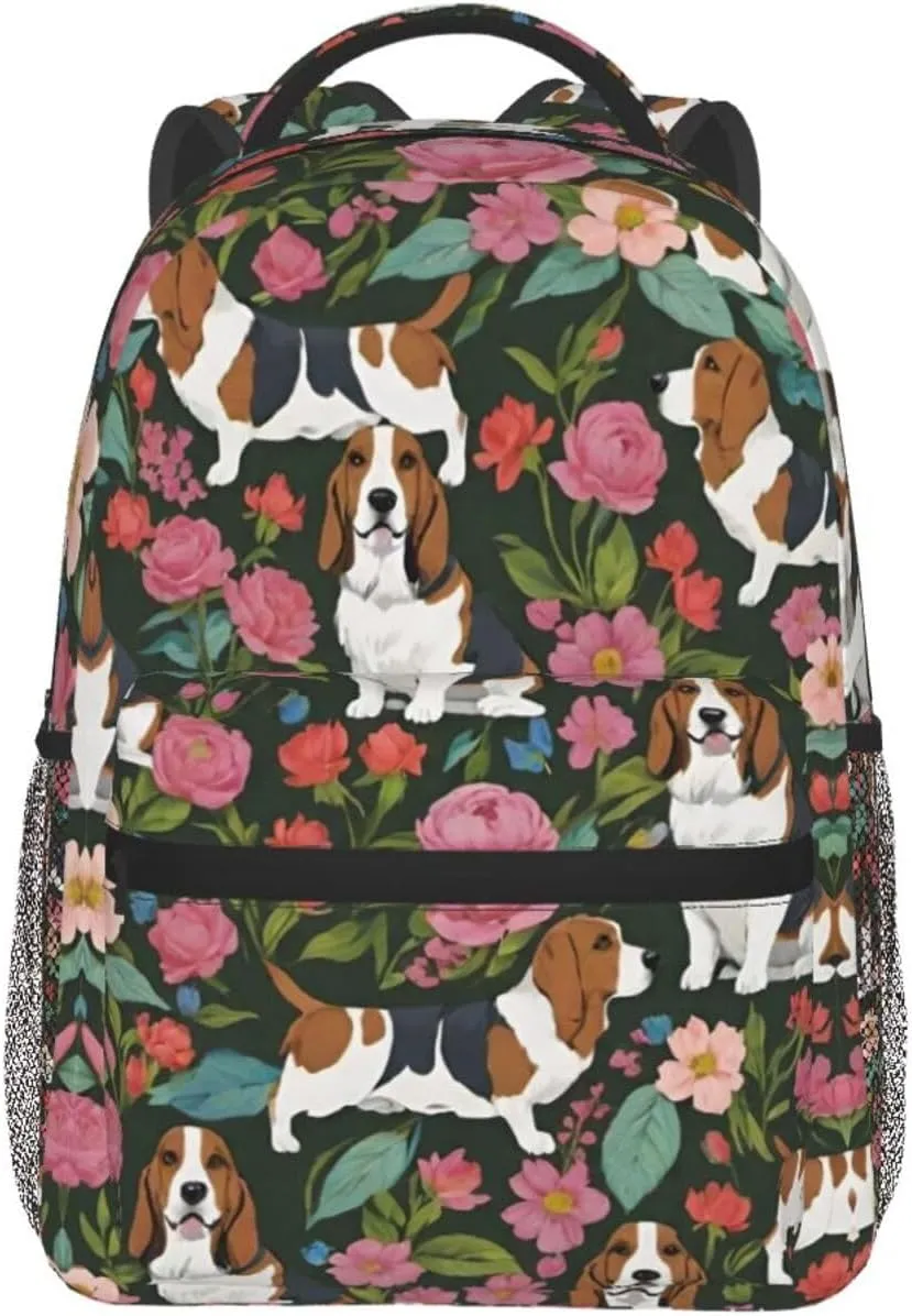 Trekking Picnic Walking Cycling - Large Capacity Anti-Theft Multipurpose Shoulder Bag, Basset Hound Dog Flower Art advantageous certificate tethys Casual Daypack Polyester Daypack Backpack for 