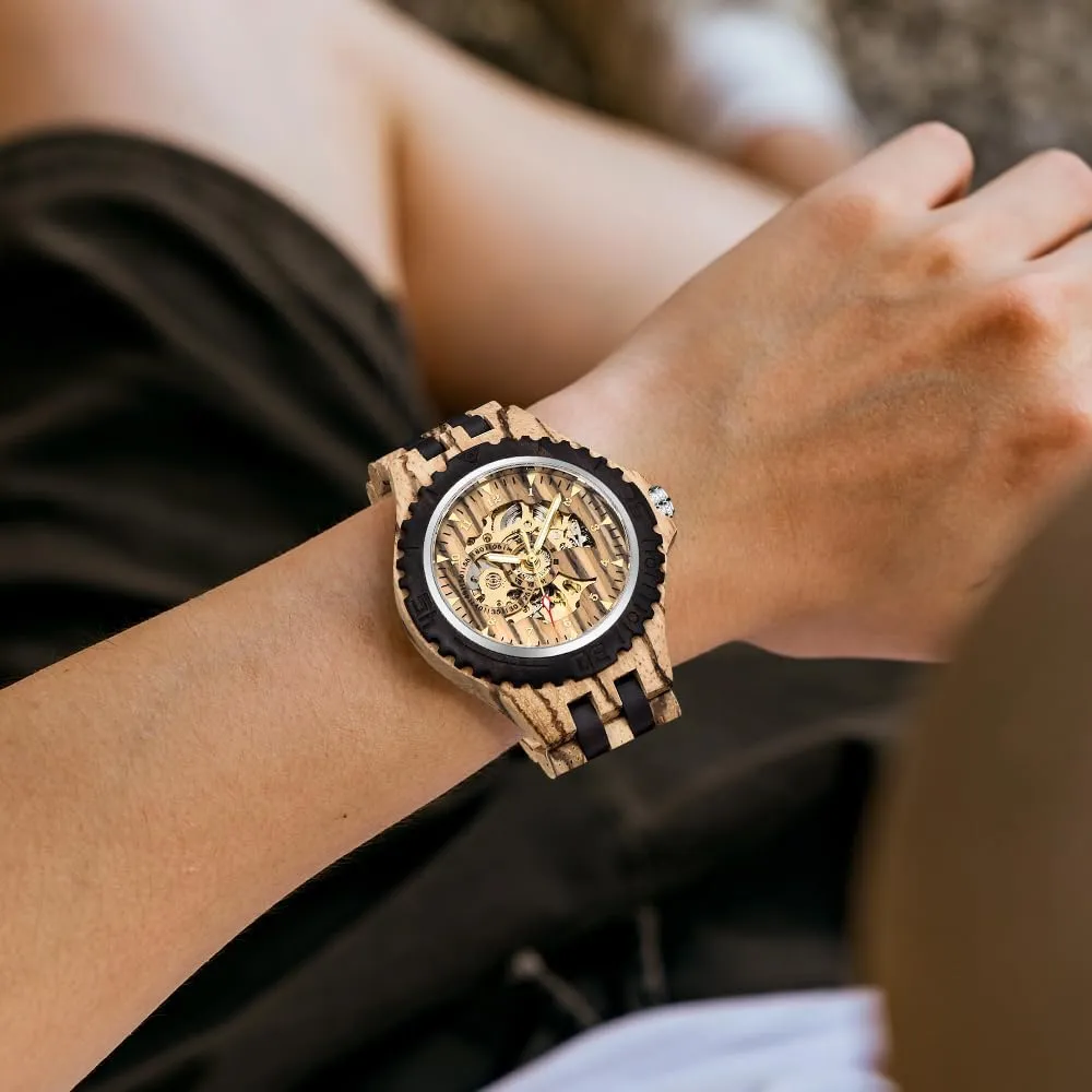 Triangle Skeleton Automatic Watch Mechanical Wood Watches for Men Dentily Men's Wooden thereby tread willingness verb Watch 