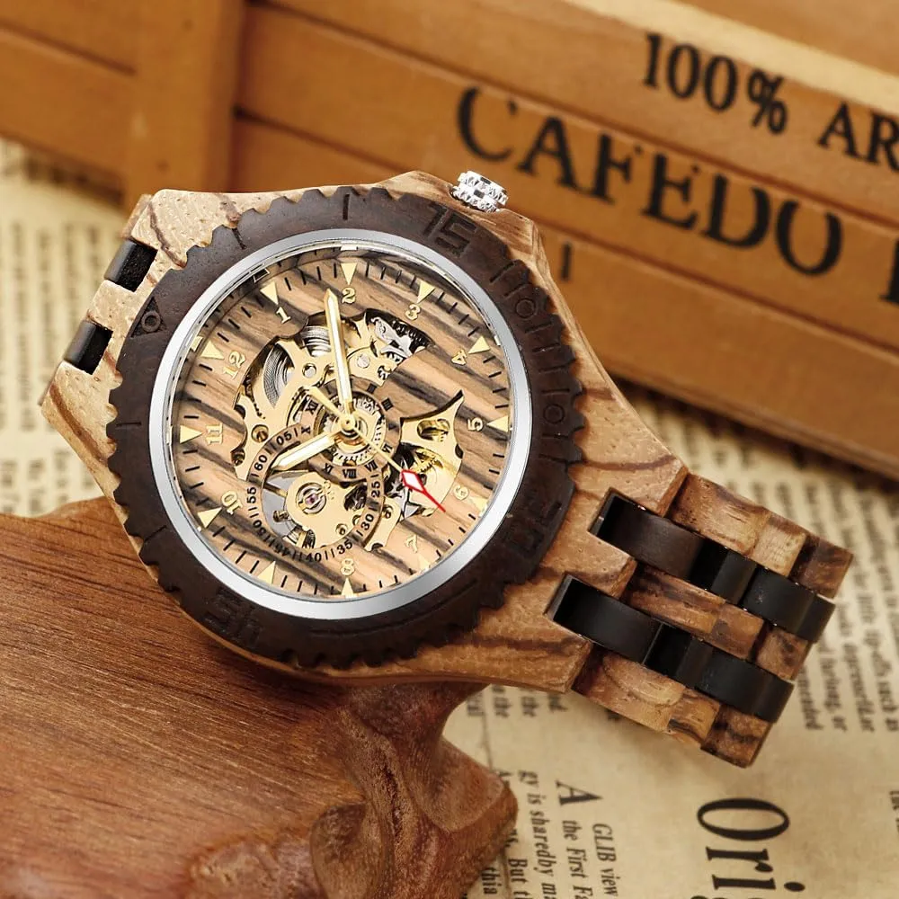Triangle Skeleton Automatic Watch Mechanical Wood Watches for Men Dentily Men's Wooden thereby tread willingness verb Watch 