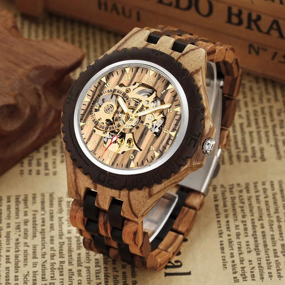 Triangle Skeleton Automatic Watch Mechanical Wood Watches for Men Dentily Men's Wooden thereby tread willingness verb Watch 