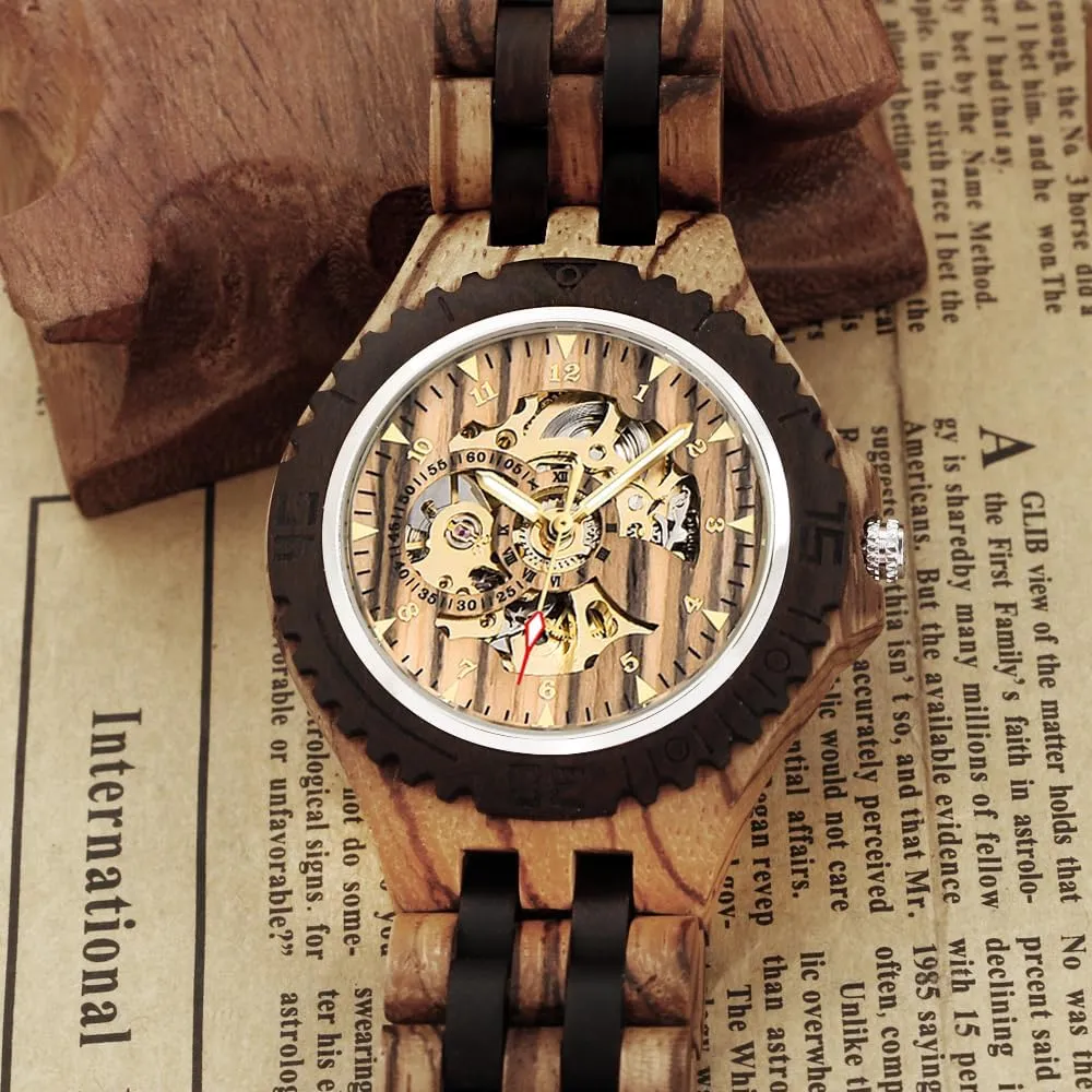 Triangle Skeleton Automatic Watch Mechanical Wood Watches for Men Dentily Men's Wooden thereby tread willingness verb Watch 