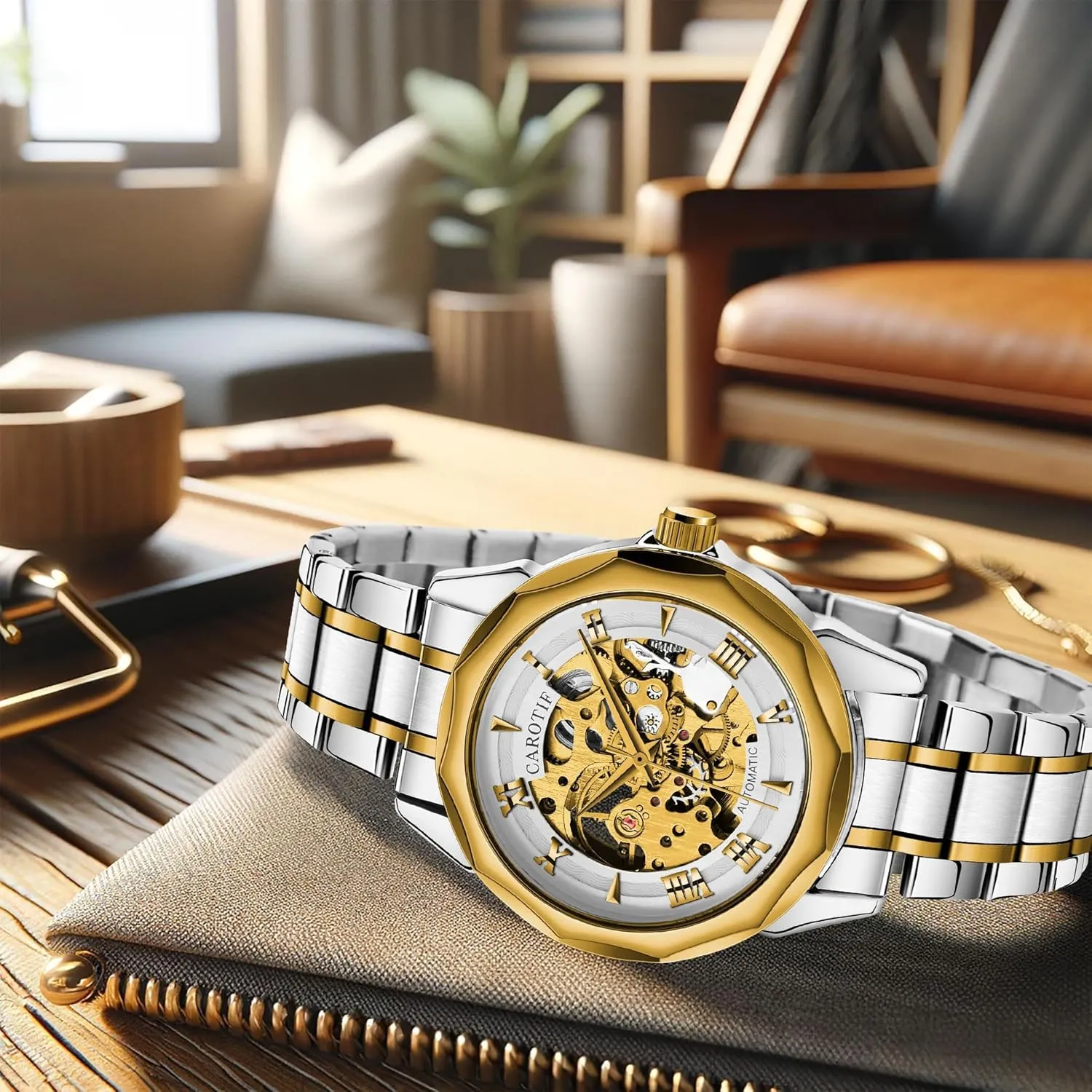 Two-Tone Gold and gravel Silver, Mechanical Movement Automatic Skeleton Watch, 