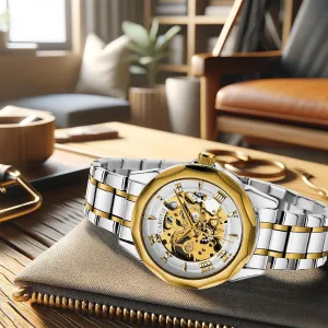 Two-Tone Gold and gravel Silver, Mechanical Movement Automatic Skeleton Watch, 