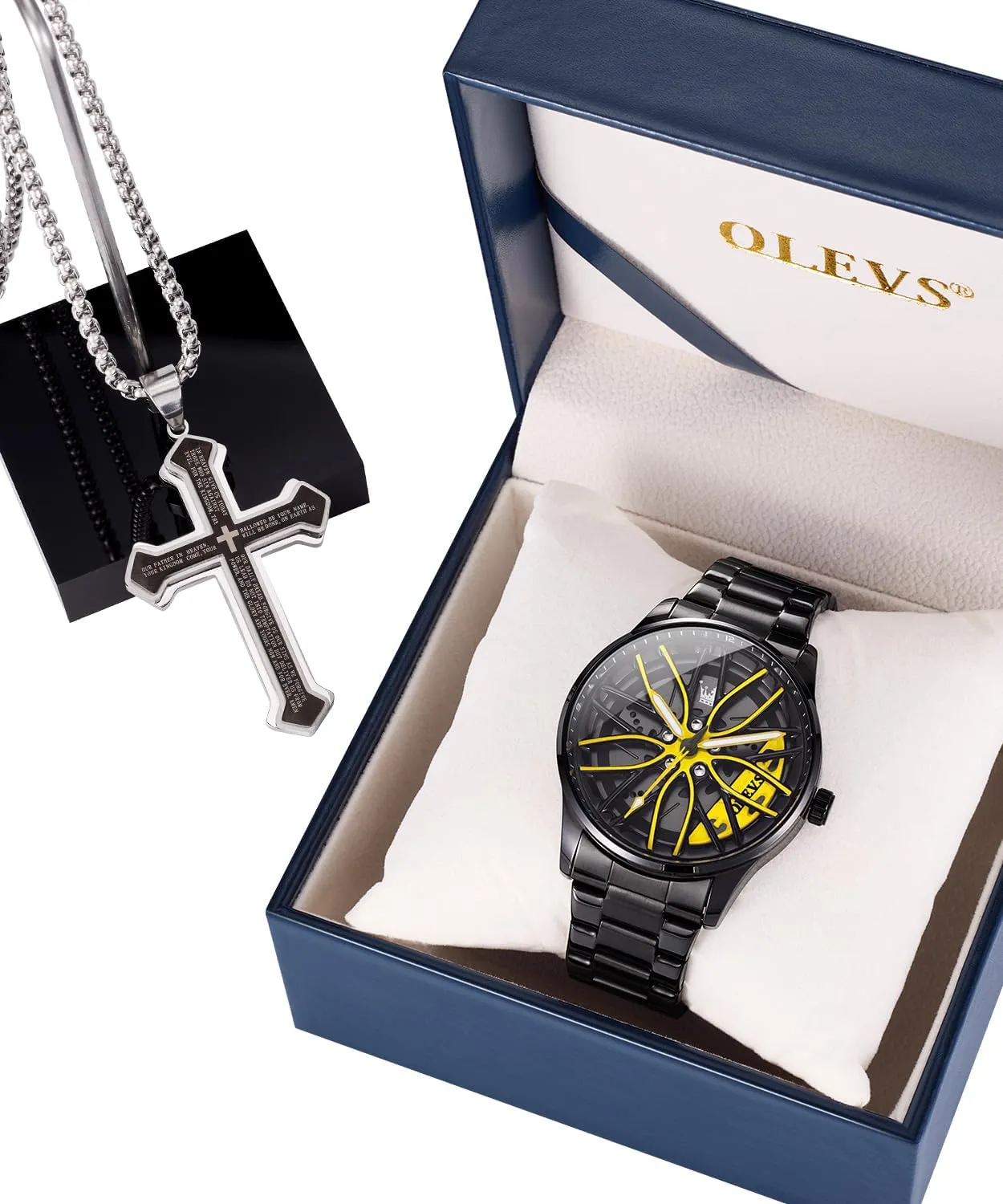 Unique Car Wheel Luxury Fashion adversary Skeleton Watch Stainless Steel Watches Suit OLEVS Mens Wrist Watch Set 