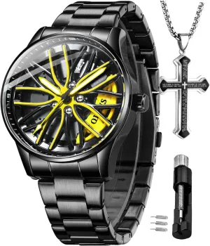 Unique Car Wheel Luxury Fashion adversary Skeleton Watch Stainless Steel Watches Suit OLEVS Mens Wrist Watch Set 