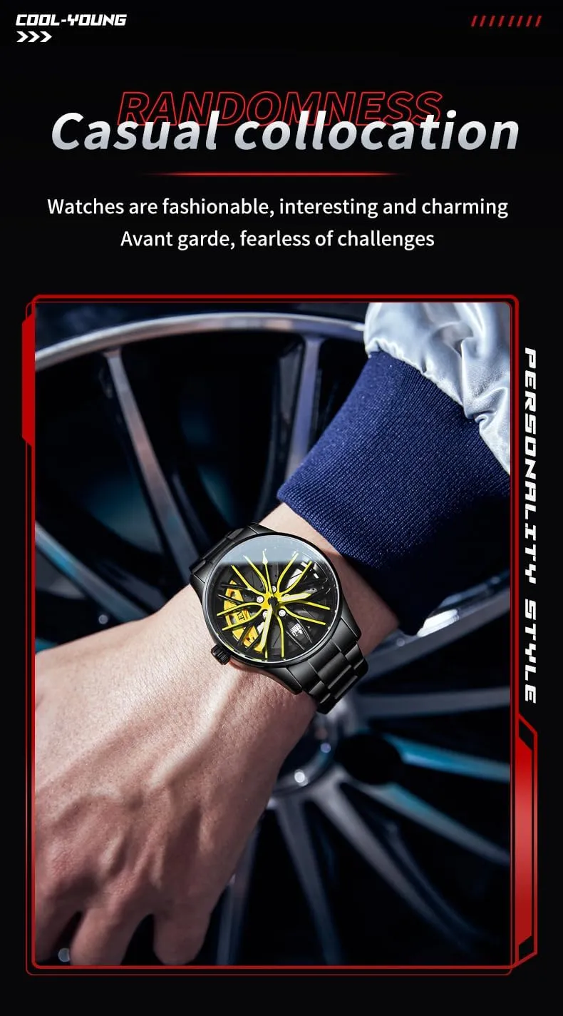 Unique Car Wheel Luxury Fashion adversary Skeleton Watch Stainless Steel Watches Suit OLEVS Mens Wrist Watch Set 