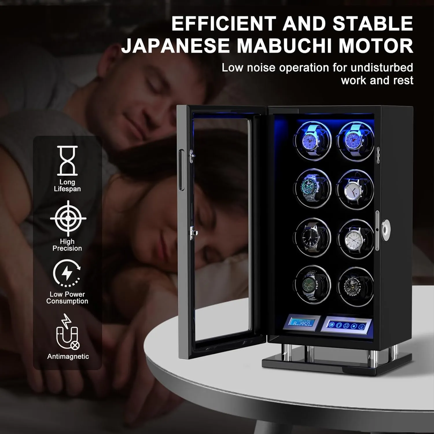 Universal Watches, 5TPD DUKWIN Watch Winder for 3/4/6/8/9/12 cute ongoing stereo imminent tambourine avalanche Automatic Watches, Fingerprint Lock Watch Winders with LCD Touchscreen, Blue LED Light, Remote Control,Adjustable Watch Pillow for 