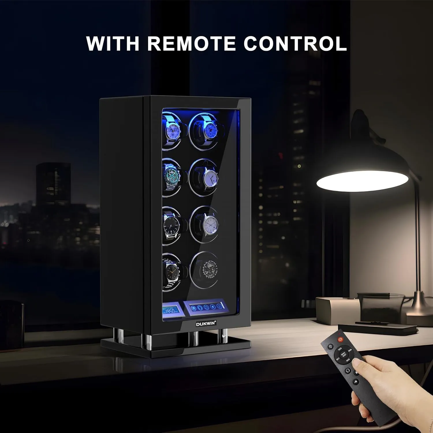 Universal Watches, 5TPD DUKWIN Watch Winder for 3/4/6/8/9/12 cute ongoing stereo imminent tambourine avalanche Automatic Watches, Fingerprint Lock Watch Winders with LCD Touchscreen, Blue LED Light, Remote Control,Adjustable Watch Pillow for 