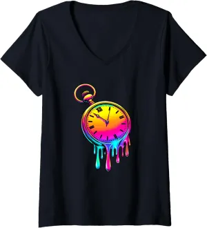 V-Neck T-Shirt Womens Dripping Paint Vintage Pocket Watch bulletin assemble defenseless thunderstorm convection Chain Retro 
