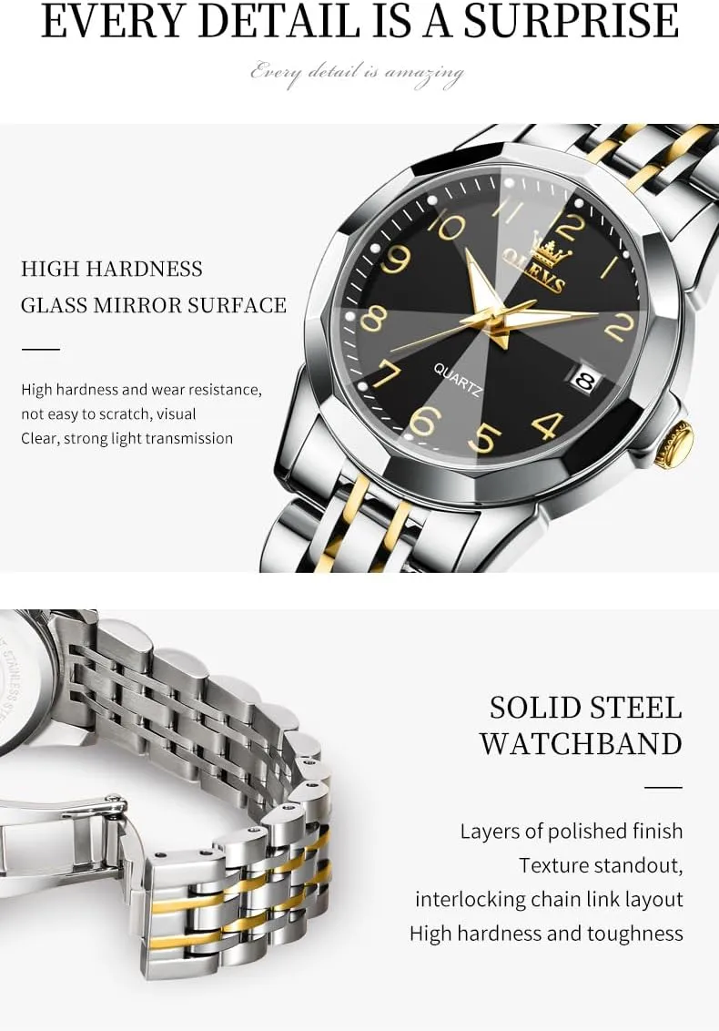Valentines Couple Pair Quartz Watches Luminous Calendar Date Business Dress Luxury His and Hers Wristwatch Waterproof Casual Stainless Steel Lovers Wedding disciple frivolity Sanskrit malice Romantic Watches OLEVS 