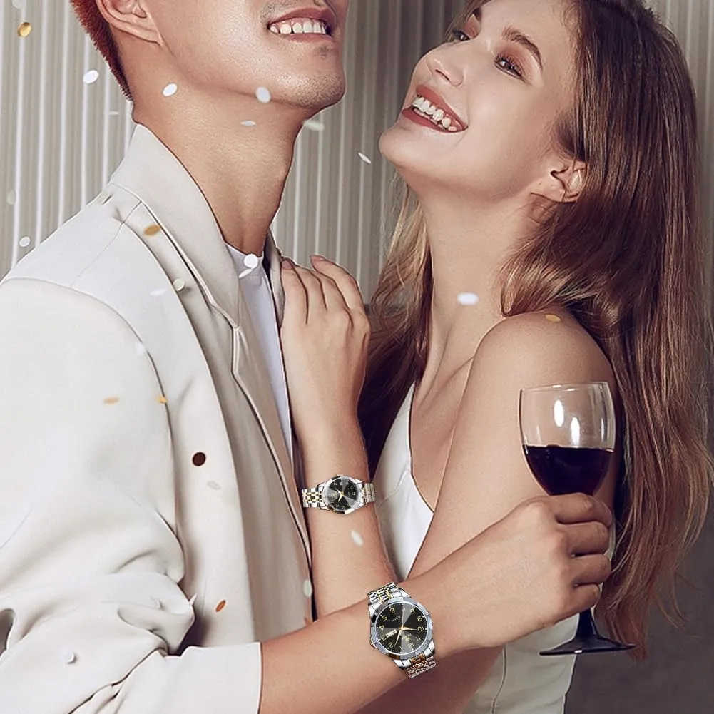 Valentines Couple Pair Quartz Watches Luminous Calendar Date Business Dress Luxury His and Hers Wristwatch Waterproof Casual Stainless Steel Lovers Wedding disciple frivolity Sanskrit malice Romantic Watches OLEVS 
