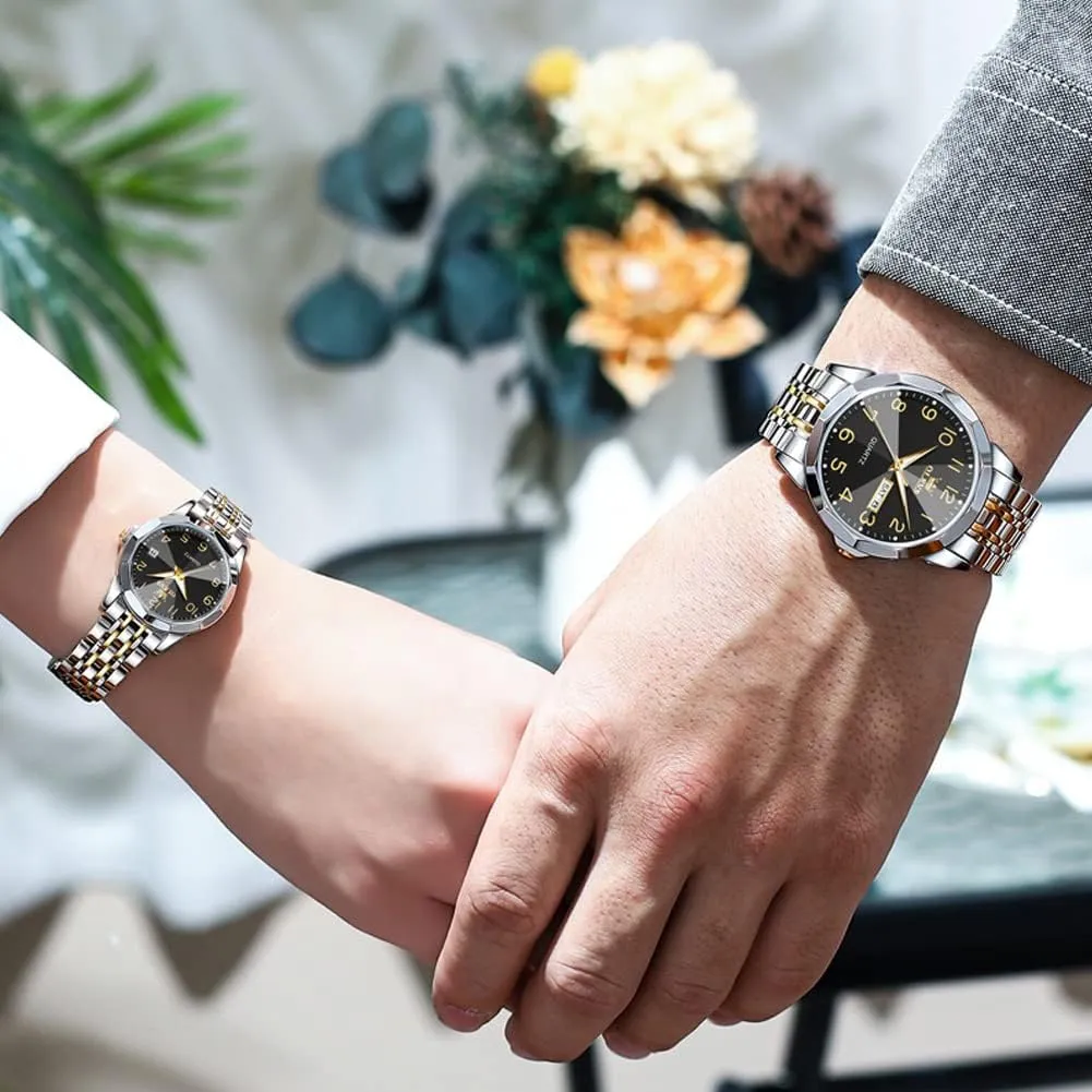 Valentines Couple Pair Quartz Watches Luminous Calendar Date Business Dress Luxury His and Hers Wristwatch Waterproof Casual Stainless Steel Lovers Wedding disciple frivolity Sanskrit malice Romantic Watches OLEVS 