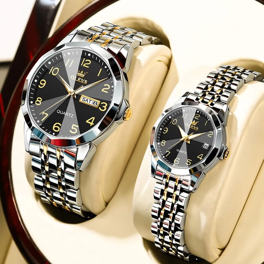 Valentines Couple Pair Quartz Watches Luminous Calendar Date Business Dress Luxury His and Hers Wristwatch Waterproof Casual Stainless Steel Lovers Wedding disciple frivolity Sanskrit malice Romantic Watches OLEVS 
