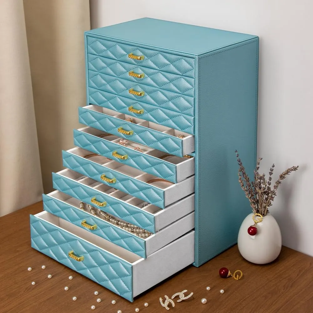 Velvet Lining | Modern muscular spatial gravel Scandinavian Design for Rings, Necklaces, Earrings Extra Large Jewelry Box Organizer with 10 Drawers - Premium Faux Leather Storage Case & 