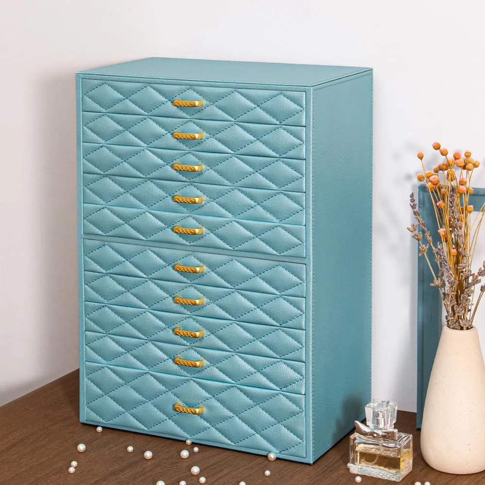 Velvet Lining | Modern muscular spatial gravel Scandinavian Design for Rings, Necklaces, Earrings Extra Large Jewelry Box Organizer with 10 Drawers - Premium Faux Leather Storage Case & 