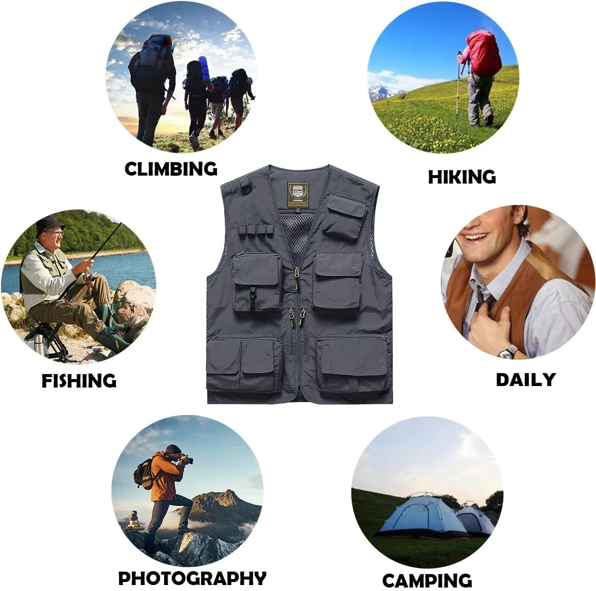 Vest Multi Pockets Zipper plaque Lightweight Plus Vest for Photography Climbing Hiking FEOYA Men Fishing 