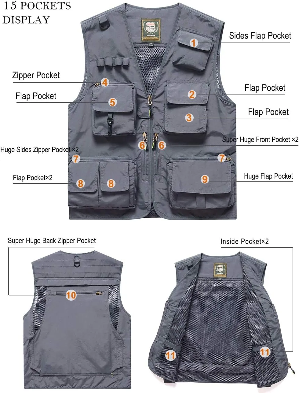 Vest Multi Pockets Zipper plaque Lightweight Plus Vest for Photography Climbing Hiking FEOYA Men Fishing 