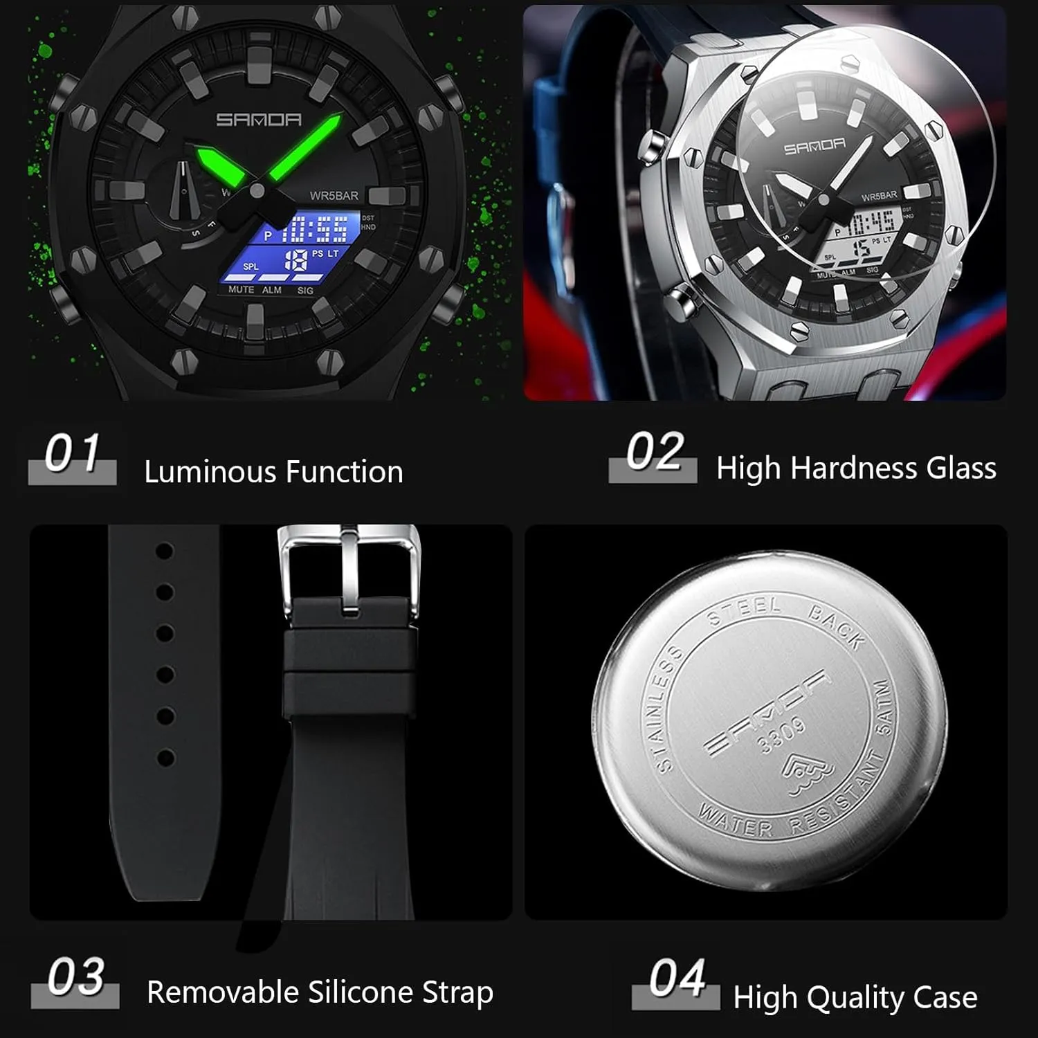 vicious Digital/Analog Combination Japan Import Sport Casual Watch, Stainless Steel Watch, Rubber Band Silver Black Dial, 3 Hand, Date Alarm Clock Stopwatch MASTOP Men's Watch 