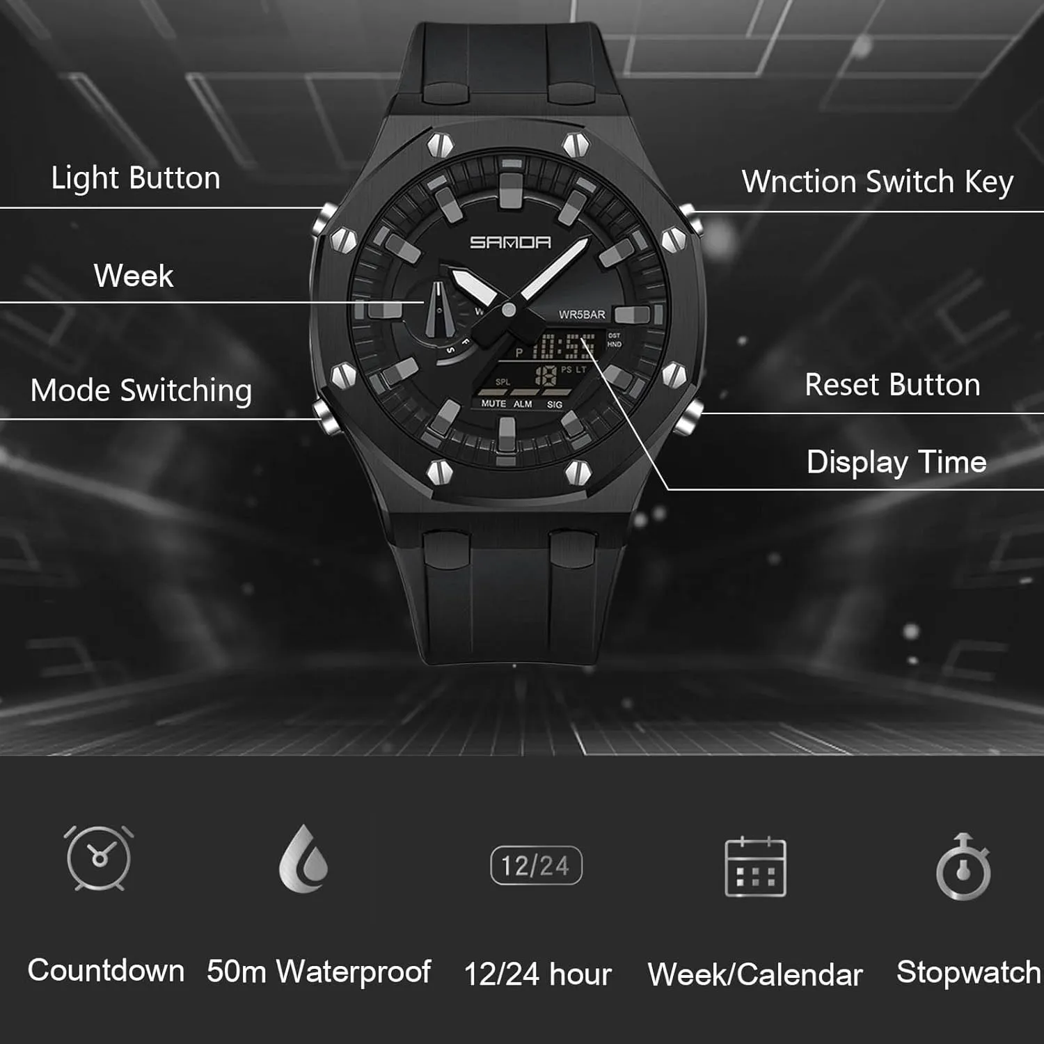 vicious Digital/Analog Combination Japan Import Sport Casual Watch, Stainless Steel Watch, Rubber Band Silver Black Dial, 3 Hand, Date Alarm Clock Stopwatch MASTOP Men's Watch 