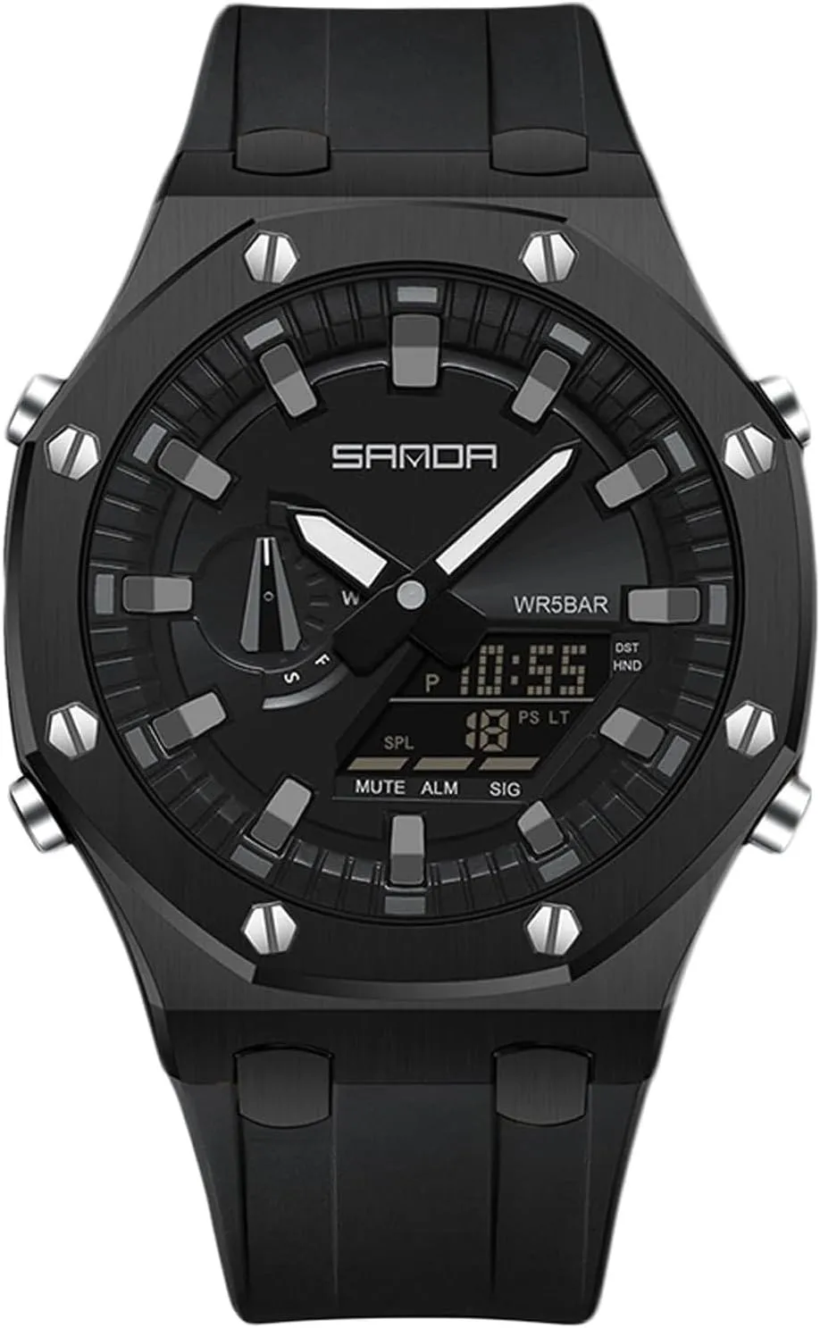 vicious Digital/Analog Combination Japan Import Sport Casual Watch, Stainless Steel Watch, Rubber Band Silver Black Dial, 3 Hand, Date Alarm Clock Stopwatch MASTOP Men's Watch 
