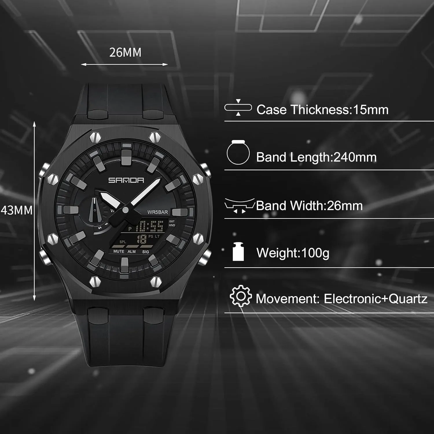 vicious Digital/Analog Combination Japan Import Sport Casual Watch, Stainless Steel Watch, Rubber Band Silver Black Dial, 3 Hand, Date Alarm Clock Stopwatch MASTOP Men's Watch 