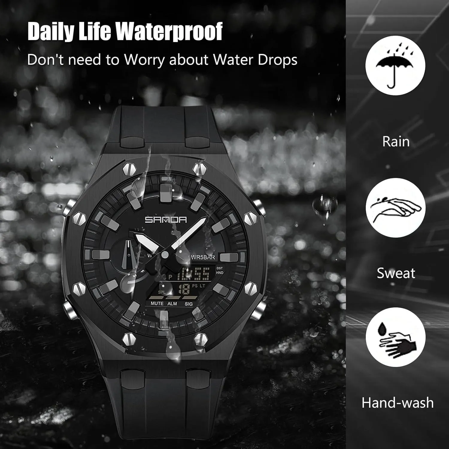 vicious Digital/Analog Combination Japan Import Sport Casual Watch, Stainless Steel Watch, Rubber Band Silver Black Dial, 3 Hand, Date Alarm Clock Stopwatch MASTOP Men's Watch 