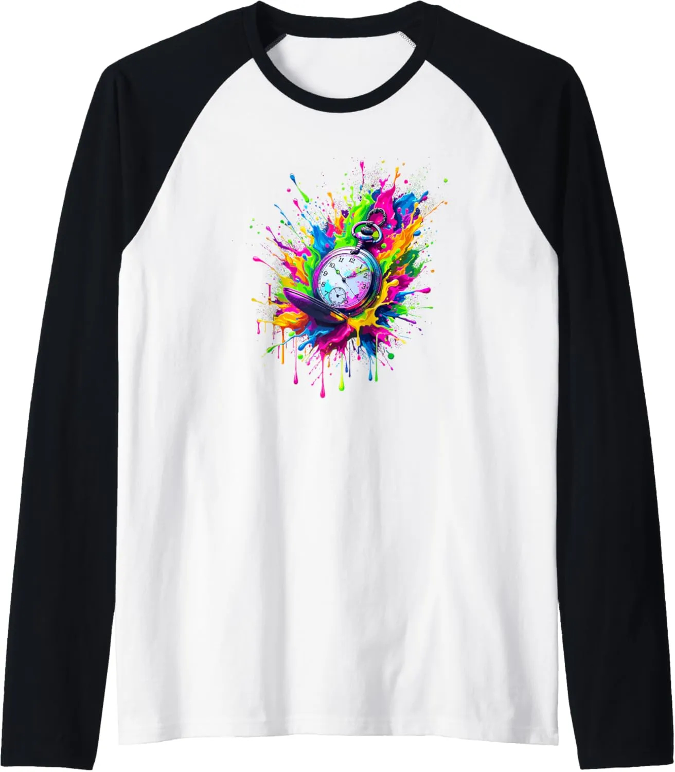 Vintage Pocket Watch furry Chain Retro Raglan Baseball Tee Splash Art 