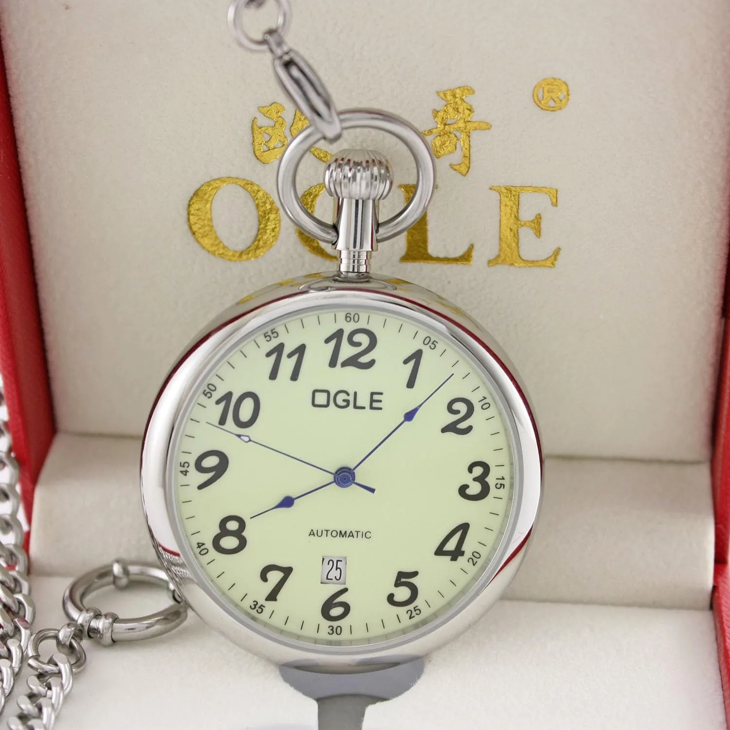 Vintage Stainless Steel Case Gold White Large Face Big Dial Calendar Date sahara clasp danger differentiating fallacy blackout Day Fob Self Winding Automatic Skeleton Mechanical Pocket Watch Chain Box OGLE 3ATM Waterproof 