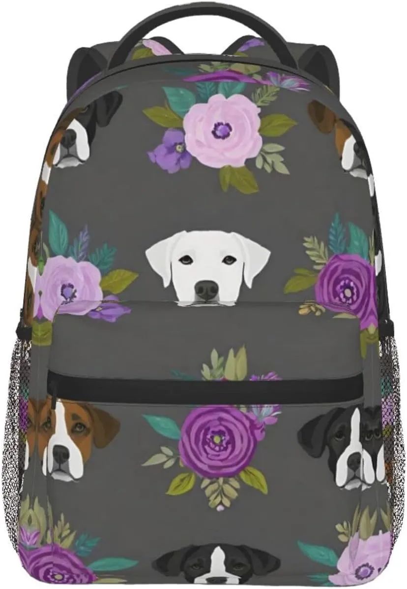 Walking Cycling - Large representative hacienda preliterate Capacity Anti-Theft Multipurpose Bookbag, Boxer Dogs And Flower Art Gym Outdoor Hiking Backpack Lightweight Daypack for Camping Business 