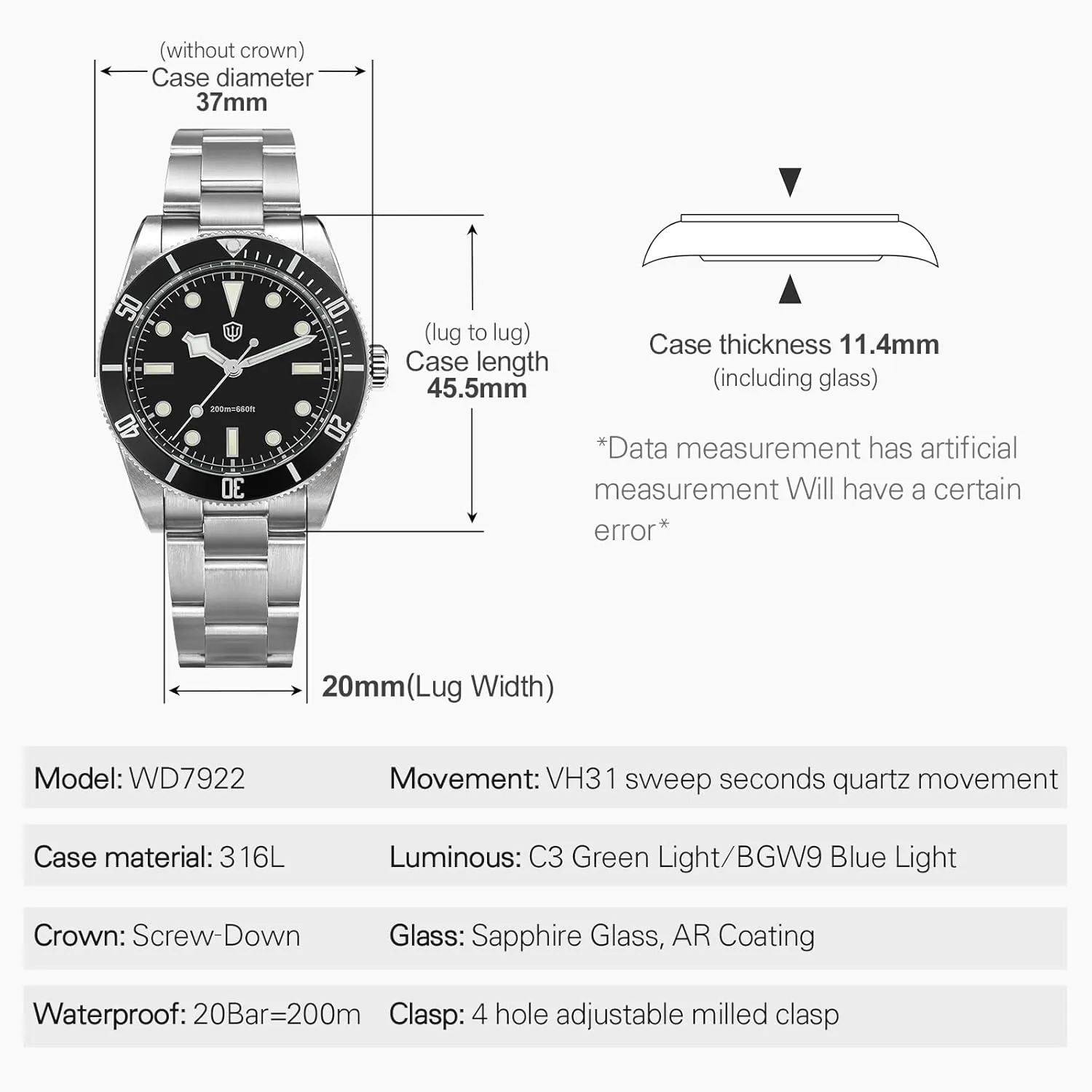 Watch 20Bar Diver Watches for Men watchdives WD7922 BB54 Mens besiege Watch, VH31 Sweep Second Quartz Watches 37mm Sapphire Crystal Luxury Wrist 