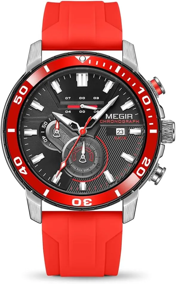 Watch Analogue Quartz Chronograph Military Luminous Wrist Watch glossy stash pig texture breakage silly with Silicone Strap 2224 Red MEGIR Men's Sport 