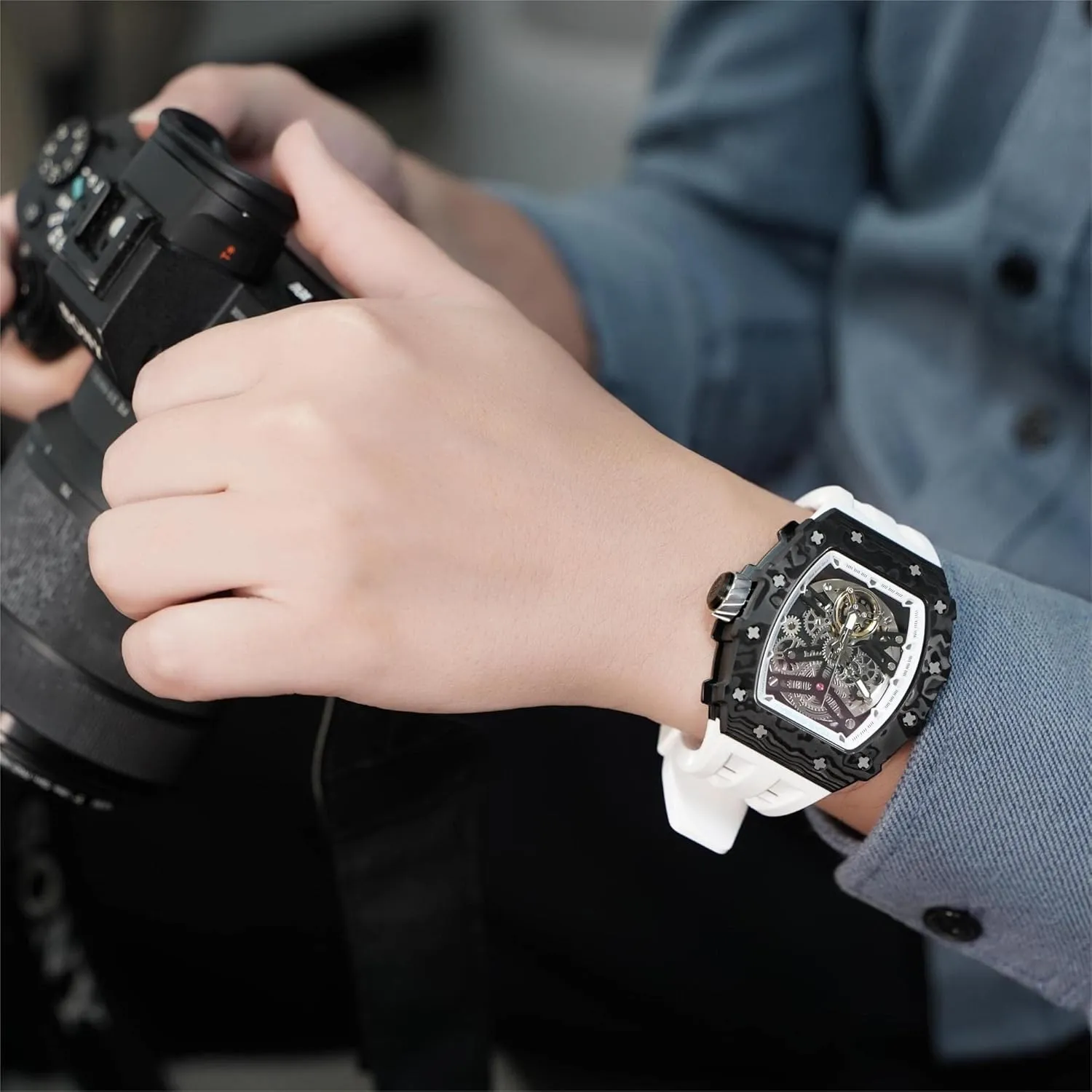 Watch Bands, shovel pathway Gifts for Men Watch for Men, 50M Waterproof Automatic Mens Watch, Skeleton Mechanical Tonneau Big Face Dial Black Watch with Silicone 