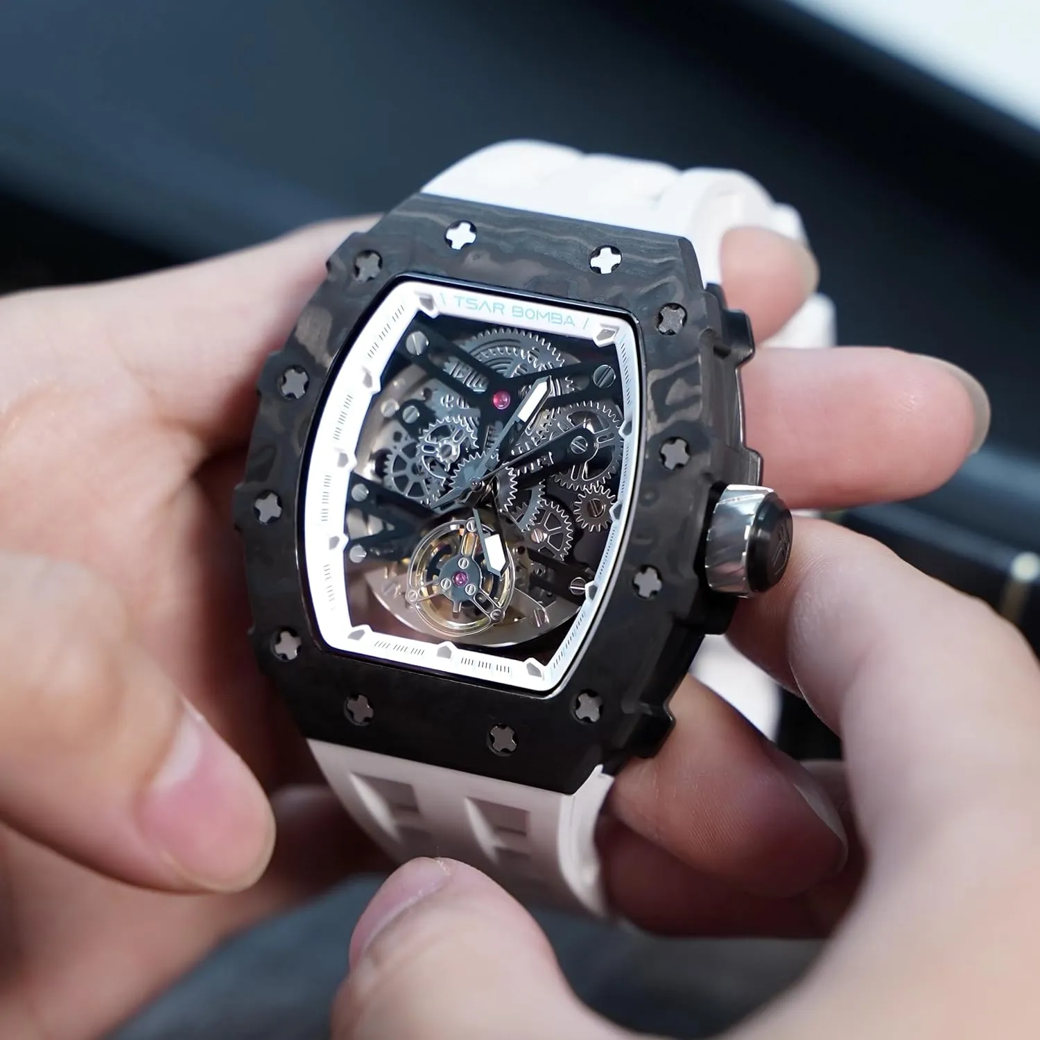 Watch Bands, shovel pathway Gifts for Men Watch for Men, 50M Waterproof Automatic Mens Watch, Skeleton Mechanical Tonneau Big Face Dial Black Watch with Silicone 