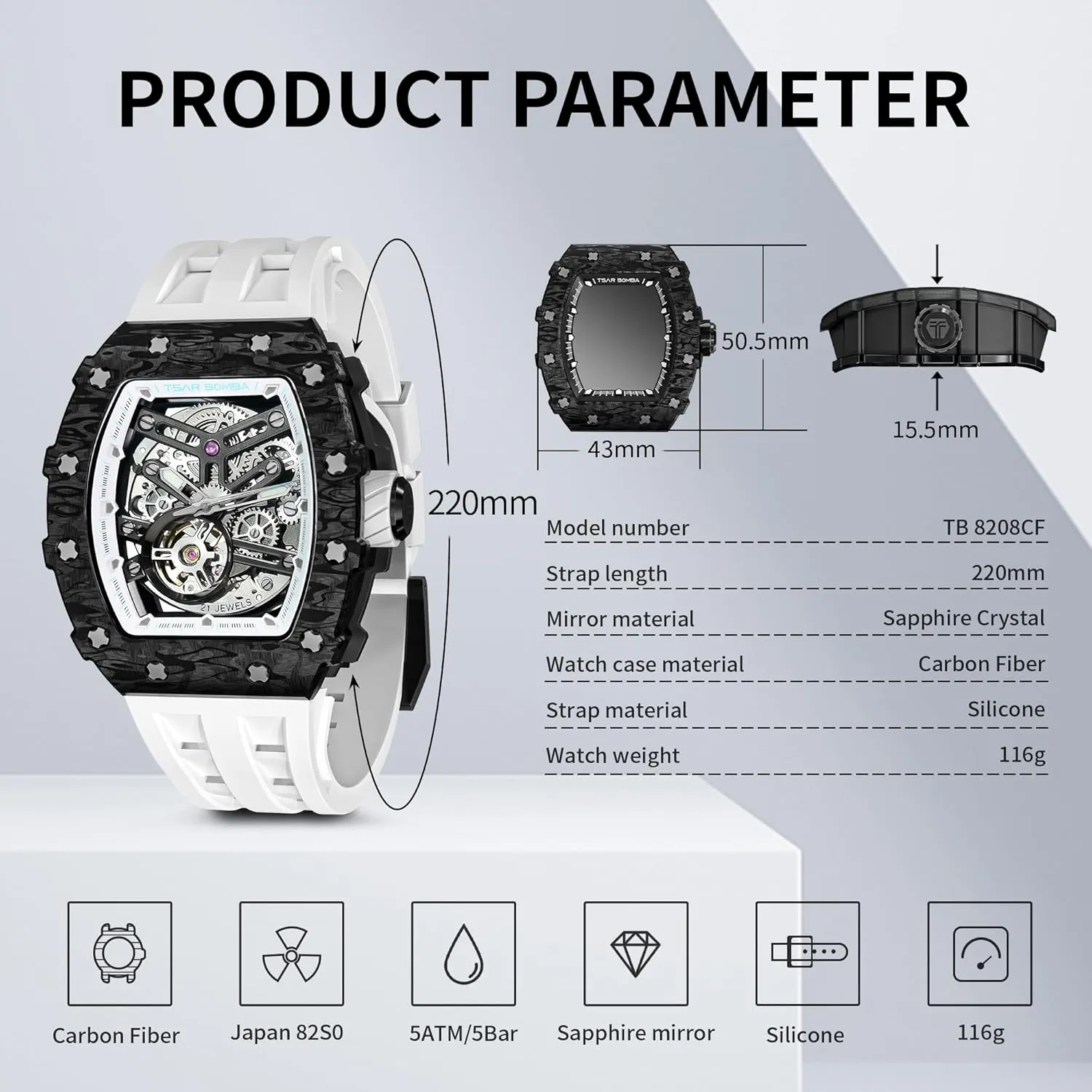 Watch Bands, shovel pathway Gifts for Men Watch for Men, 50M Waterproof Automatic Mens Watch, Skeleton Mechanical Tonneau Big Face Dial Black Watch with Silicone 