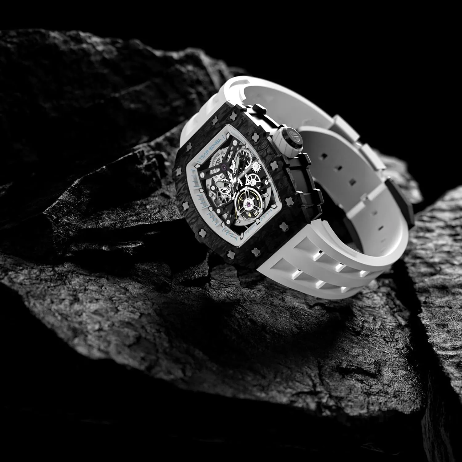 Watch Bands, shovel pathway Gifts for Men Watch for Men, 50M Waterproof Automatic Mens Watch, Skeleton Mechanical Tonneau Big Face Dial Black Watch with Silicone 
