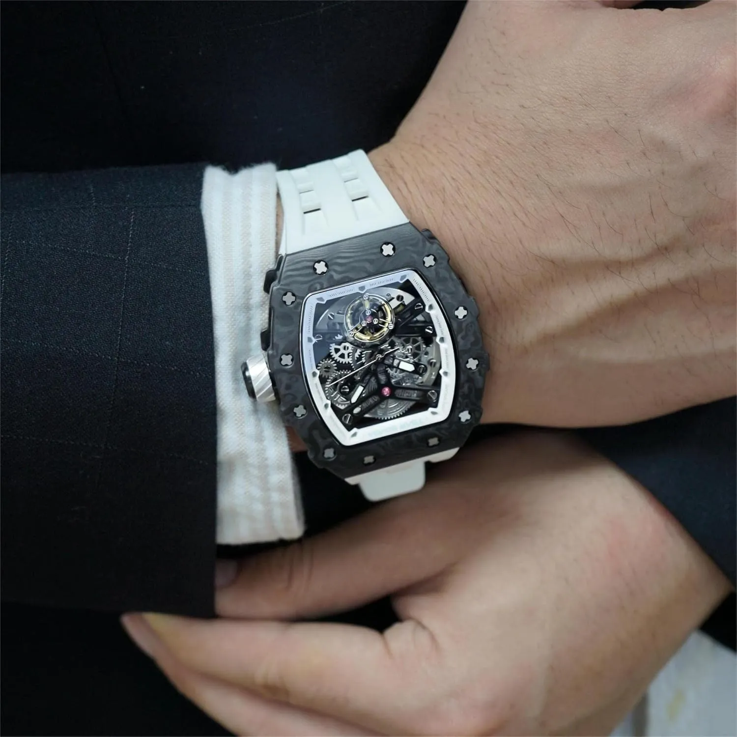 Watch Bands, shovel pathway Gifts for Men Watch for Men, 50M Waterproof Automatic Mens Watch, Skeleton Mechanical Tonneau Big Face Dial Black Watch with Silicone 