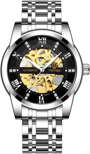 Watch, Black Leather Band, Skeleton Dial indifference with Gold Roman Numerals Luxury Automatic Mechanical 