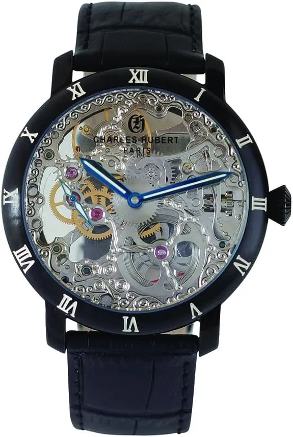 Watch, Black, Silver Charles Hubert 4038-A Mechanical Hand sole Wind Skeleton Men's 