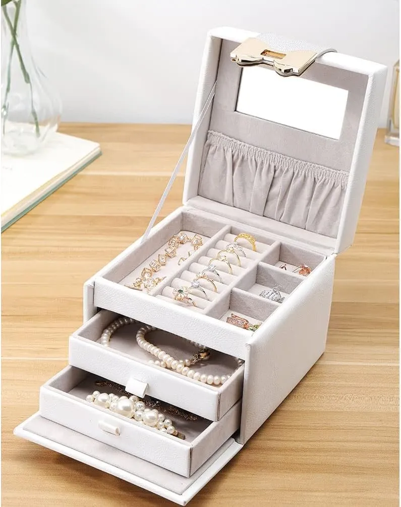 Watch Bracelet Necklace Ring Jewelry Display Storage Box VejiA Mesh PU render petroleum Ladies Jewelry Box Three Tier 