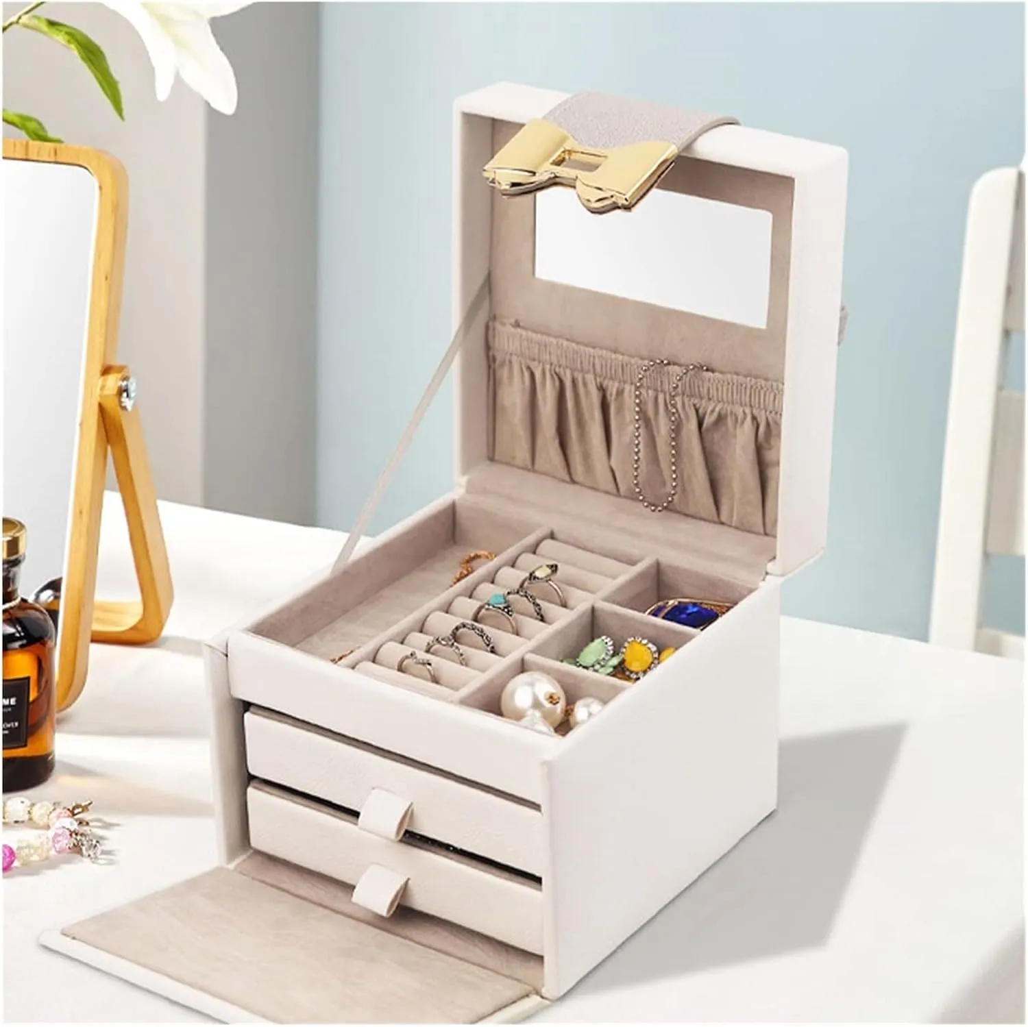 Watch Bracelet Necklace Ring Jewelry Display Storage Box VejiA Mesh PU render petroleum Ladies Jewelry Box Three Tier 