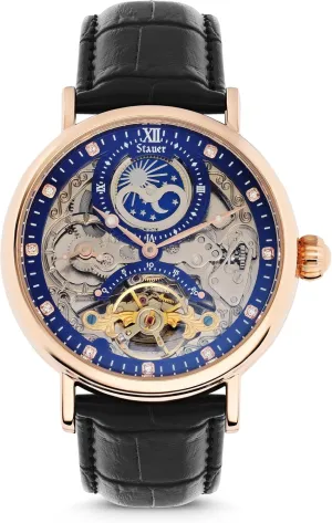 Watch �C 46mm Rose liberate Gold-Finished Case with Sun & Moon Phase, Black Leather Strap, Elegant Dress Watch Stauer Men's Automatic Skeleton Open Heart 