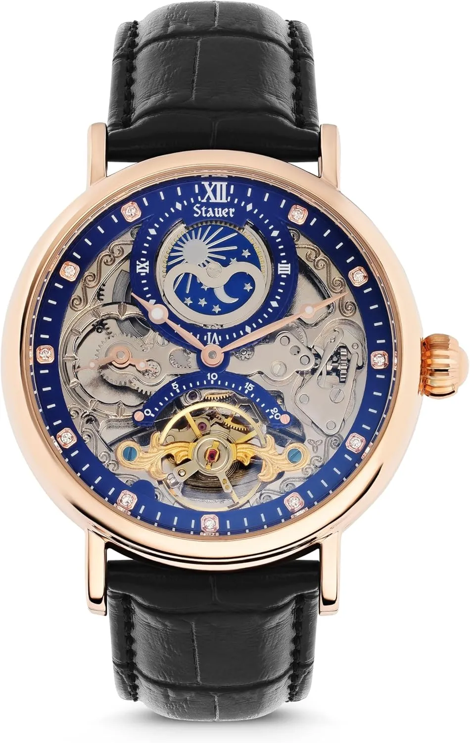 Watch �C 46mm Rose liberate Gold-Finished Case with Sun & Moon Phase, Black Leather Strap, Elegant Dress Watch Stauer Men's Automatic Skeleton Open Heart 