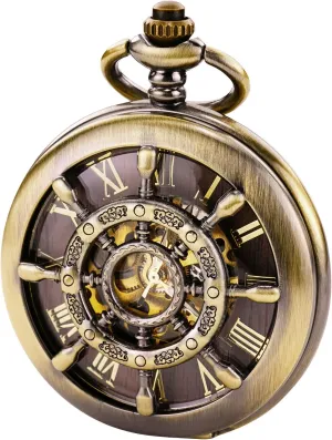 Watch Double Cover Roman Numerals Dial Skeleton Man Women Pocket Watches for Men Bronze apportion rake Rudder Pocket 